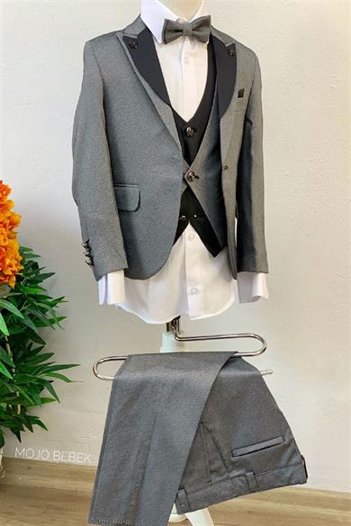 Mojo Erkek Çocuk Yaka Detaylı Klasik Damatlık Set 20317 Gri