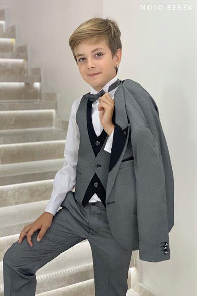 Mojo Erkek Çocuk Yaka Detaylı Klasik Damatlık Set 20317 Gri