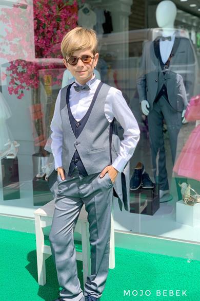 Mojo Erkek Çocuk Yaka Detaylı Klasik Damatlık Set 20317 Gri-Lacivert