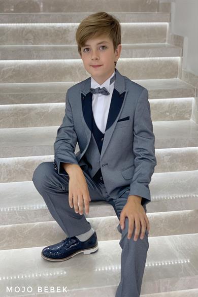 Mojo Erkek Çocuk Yaka Detaylı Klasik Damatlık Set 20317 Gri-Lacivert