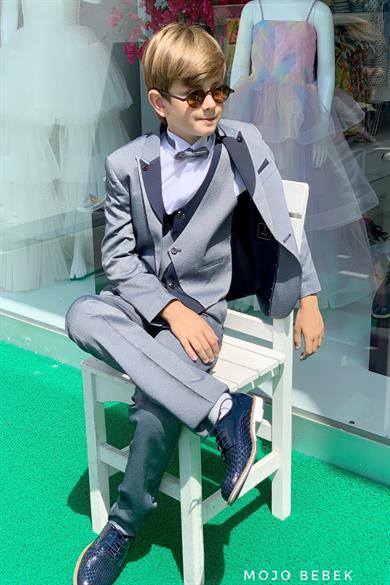 Mojo Erkek Çocuk Yaka Detaylı Klasik Damatlık Set 20317 Gri-Lacivert