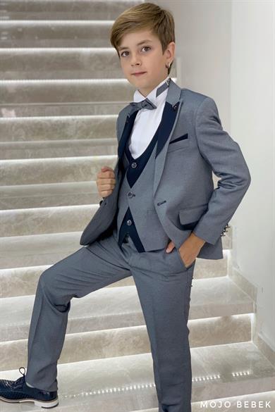 Mojo Erkek Çocuk Yaka Detaylı Klasik Damatlık Set 20317 Gri-Lacivert