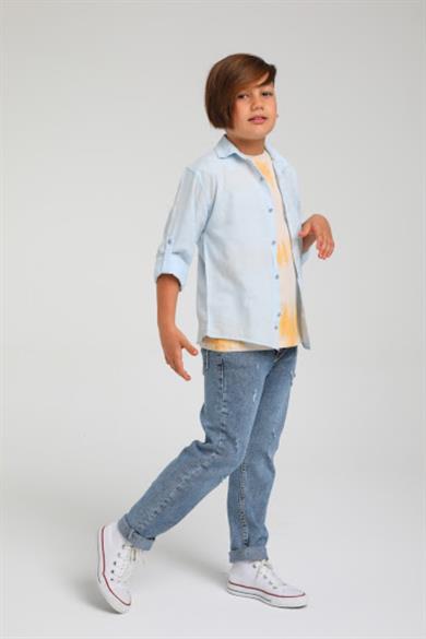 Mojo Erkek Çocuk Yıpratmalı Slim Fit Yüksek Bel Kot Pantolon 2313 Mavi