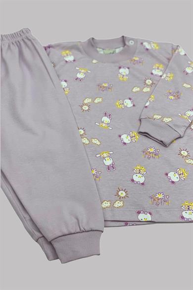 Mojo Kız Bebek 1-3 Yaş Ayı ve Tavşan Desenli Pijama Takımı 2418 Lila