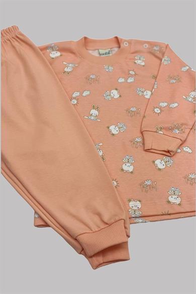 Mojo Kız Bebek 1-3 Yaş Ayı ve Tavşan Desenli Pijama Takımı 2418 Somon