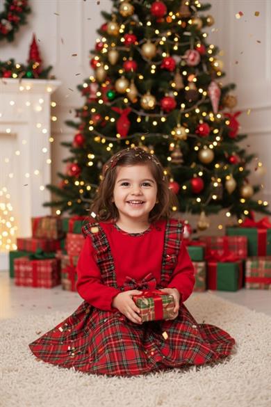Mojo Kız Bebek 1-3 Yaş Ekose Desenli Kurdela Kemerli Elbise Kırmızı