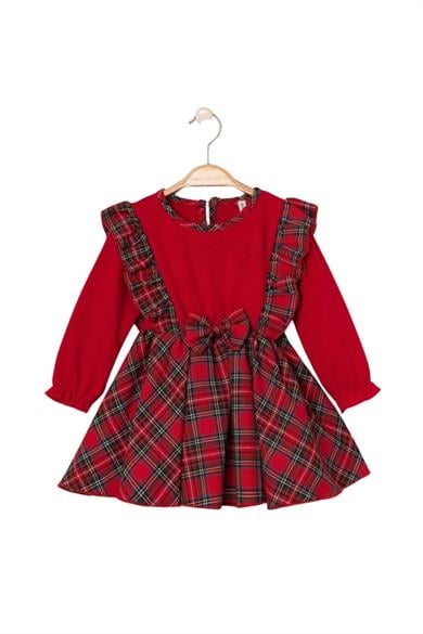 Mojo Kız Bebek 1-3 Yaş Ekose Desenli Kurdela Kemerli Elbise Kırmızı