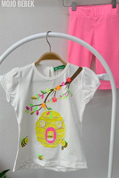 Mojo Kız Bebek 1-4 Yaş  Baskılı Kısa Kol Taytlı Takım 320010 Ekru