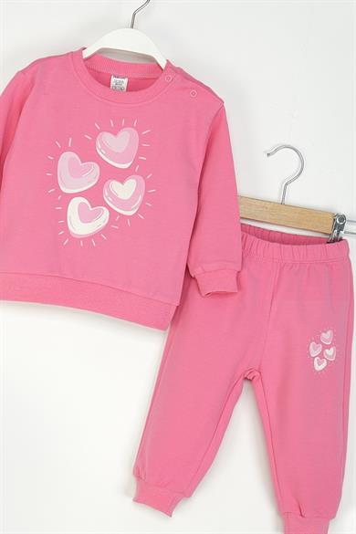 Mojo Kız Bebek 1-4 Yaş Kalp Desenli İkili Eşofman Takımı Fuşya