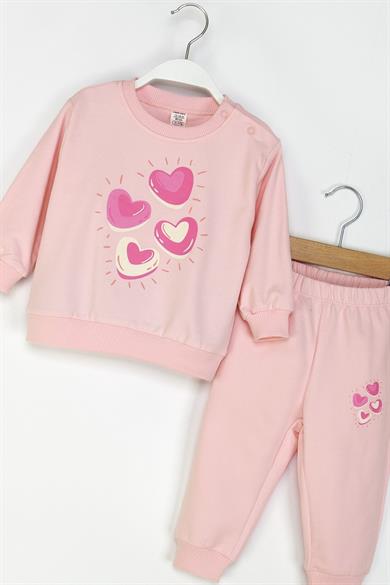 Mojo Kız Bebek 1-4 Yaş Kalp Desenli İkili Eşofman Takımı Pudra