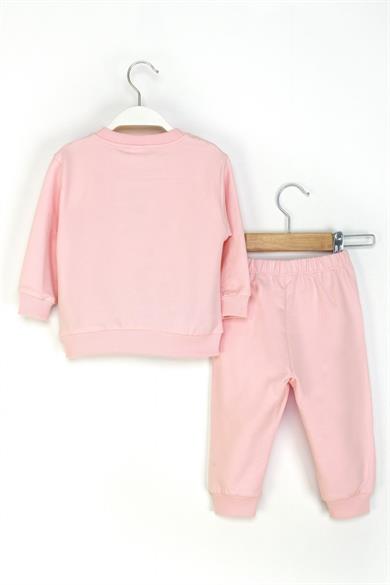 Mojo Kız Bebek 1-4 Yaş Kalp Desenli İkili Eşofman Takımı Pudra