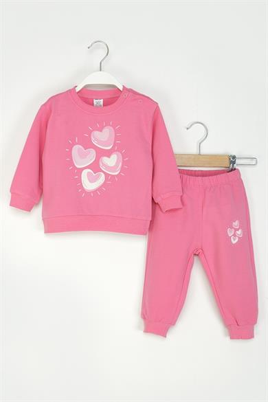 Mojo Kız Bebek 1-4 Yaş Kalp Desenli İkili Eşofman Takımı Fuşya