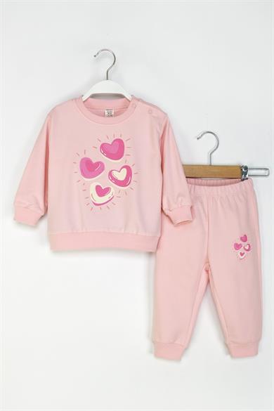 Mojo Kız Bebek 1-4 Yaş Kalp Desenli İkili Eşofman Takımı Pudra