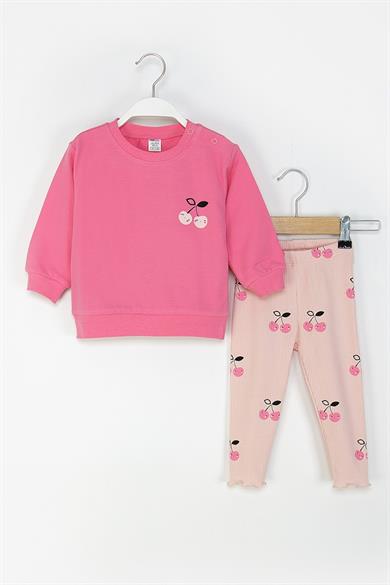 Mojo Kız Bebek 1-4 Yaş Kiraz Desenli Taytlı Takım Pembe