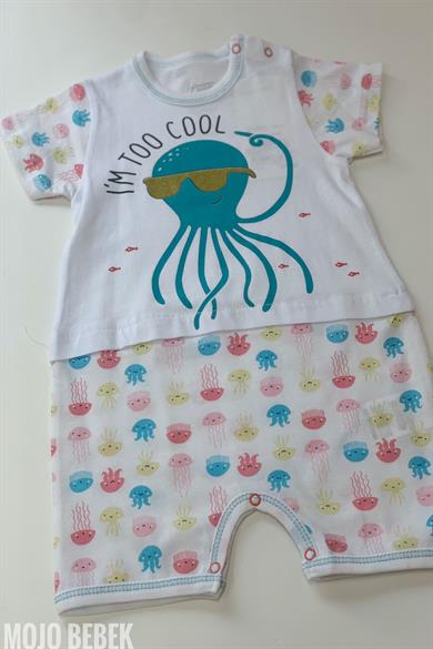 Mojo Kız Bebek 3-36 Ay Ahtapot Baskılı Kısa Tulum 7373 Beyaz