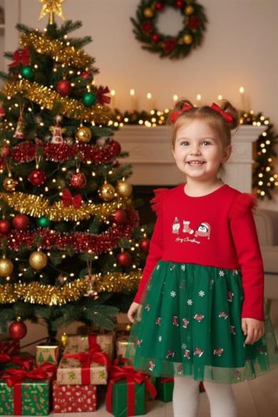 Mojo Kız Bebek 9-24 Ay Penguen Desenli Tüllü Yılbaşı Elbise Kırmızı