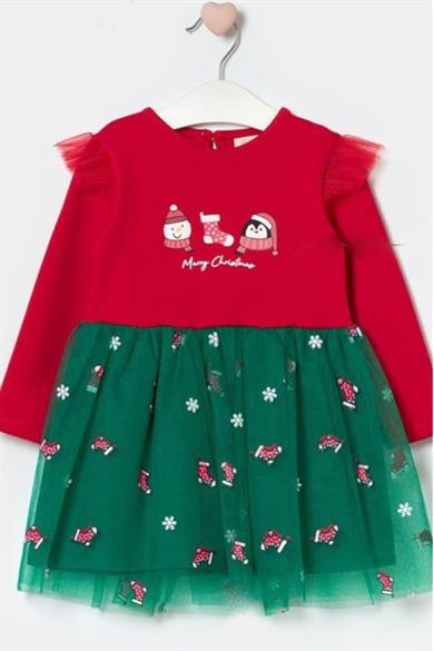 Mojo Kız Bebek 9-24 Ay Penguen Desenli Tüllü Yılbaşı Elbise Kırmızı