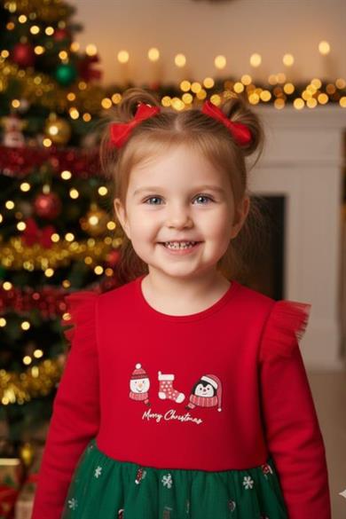 Mojo Kız Bebek 9-24 Ay Penguen Desenli Tüllü Yılbaşı Elbise Kırmızı