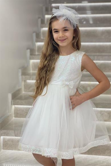 Mojo Kız Bebek Arkası Kalpli Pullu Abiye Elbise 5474 Krem