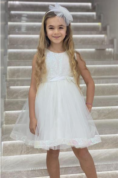 Mojo Kız Bebek Arkası Kalpli Pullu Abiye Elbise 5474 Krem