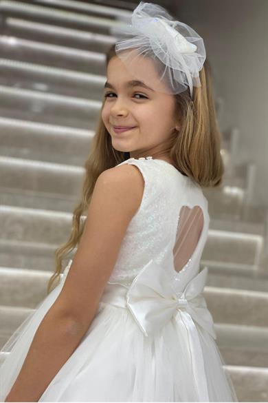 Mojo Kız Bebek Arkası Kalpli Pullu Abiye Elbise 5474 Krem