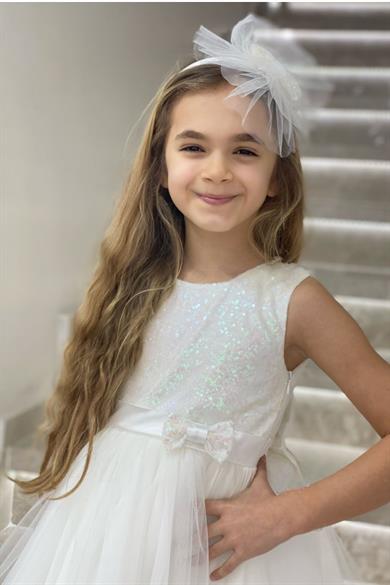 Mojo Kız Bebek Arkası Kalpli Pullu Abiye Elbise 5474 Krem