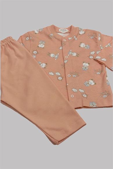 Mojo Kız Bebek Tavşan ve Ayı Desenli Çıtçıtlı Pijama Takımı 2329 Somon