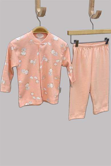 Mojo Kız Bebek Tavşan ve Ayı Desenli Çıtçıtlı Pijama Takımı 2329 Somon