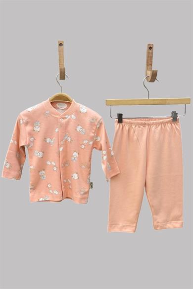 Mojo Kız Bebek Tavşan ve Ayı Desenli Çıtçıtlı Pijama Takımı 2329 Somon