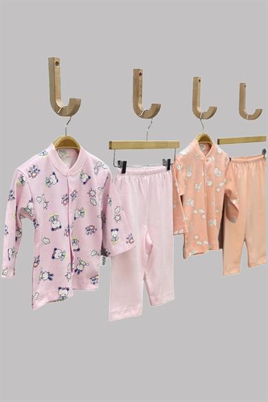 Mojo Kız Bebek Tavşan ve Ayı Desenli Çıtçıtlı Pijama Takımı 2329 Somon