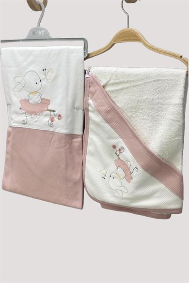 Mojo Kız Bebek Tavşanlı Banyo Havlusu 9871 Pudra