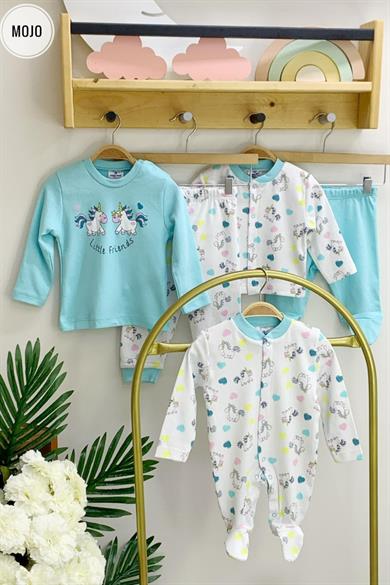 Mojo Kız Bebek Unicorn Çıtçıtlı Patikli Yenidoğan Takımı 6657 Beyaz-Mavi