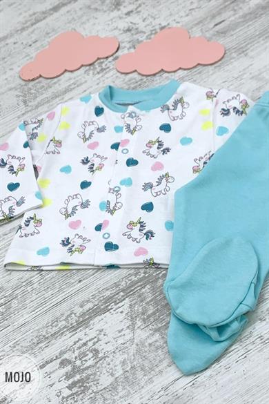 Mojo Kız Bebek Unicorn Çıtçıtlı Patikli Yenidoğan Takımı 6657 Beyaz-Mavi