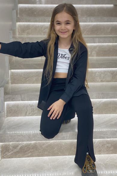 Mojo Kız Çocuk 1-14 Yaş  İspanyol Paça Yırtmaçlı Tayt 3490 Siyah