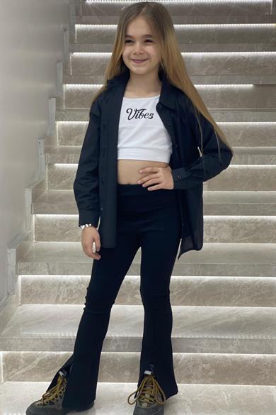 Mojo Kız Çocuk 1-14 Yaş  İspanyol Paça Yırtmaçlı Tayt 3490 Siyah