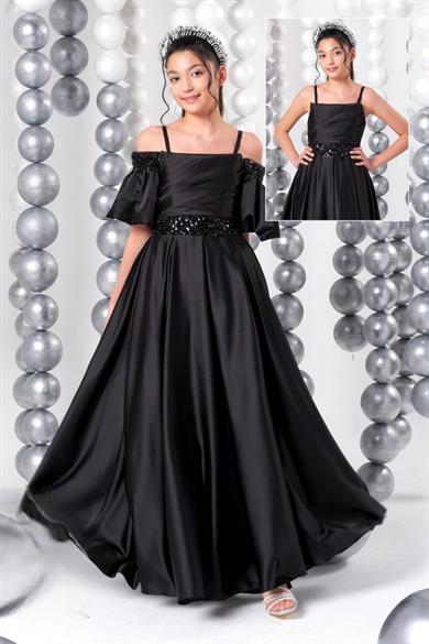 Mojo Kız Çocuk 10-15 Yaş Balon Kol Drapeli Saten Elbise Siyah