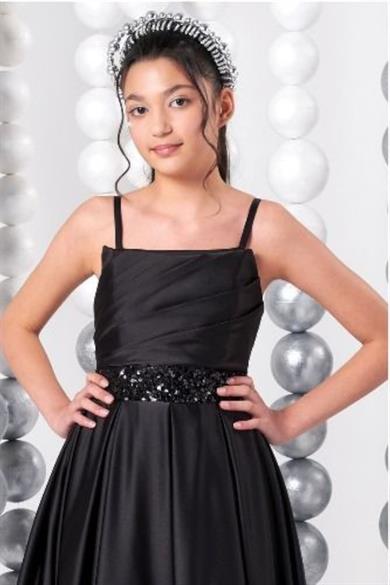 Mojo Kız Çocuk 10-15 Yaş Balon Kol Drapeli Saten Elbise Siyah