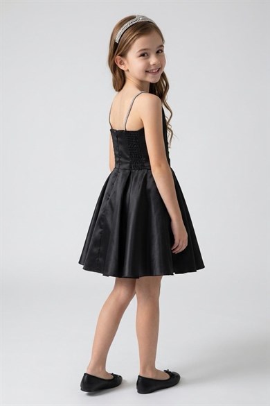 Mojo Kız Çocuk 10-15 Yaş Drapeli Kısa İthal Tafta Elbise Siyah