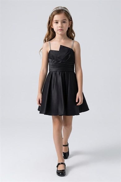 Mojo Kız Çocuk 10-15 Yaş Drapeli Kısa İthal Tafta Elbise Siyah