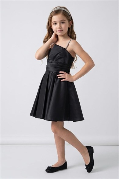 Mojo Kız Çocuk 10-15 Yaş Drapeli Kısa İthal Tafta Elbise Siyah