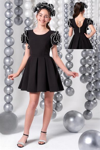 Mojo Kız Çocuk 10-15 Yaş Gül Detaylı Kısa Abiye Elbise 847 Siyah