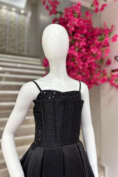 Mojo Kız Çocuk 10-15 Yaş Tafta Pul İşlemeli Uzun Abiye Elbise Siyah