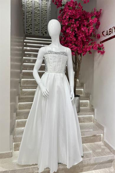 Mojo Kız Çocuk 10-15 Yaş Tafta Pul İşlemeli Uzun Abiye Elbise Ekru