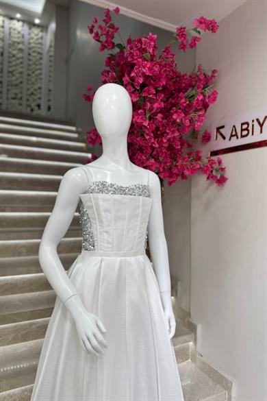 Mojo Kız Çocuk 10-15 Yaş Tafta Pul İşlemeli Uzun Abiye Elbise Ekru