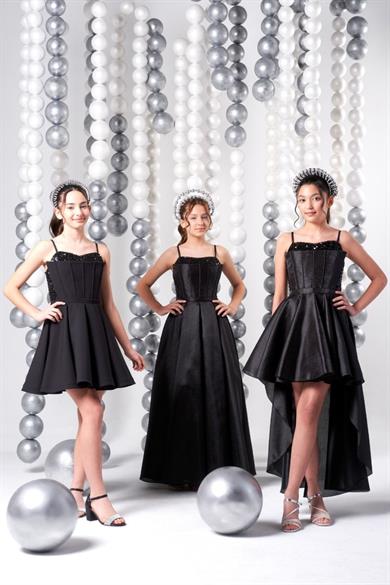 Mojo Kız Çocuk 10-15 Yaş Tafta Pul İşlemeli Uzun Abiye Elbise Siyah