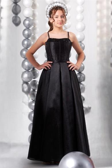 Mojo Kız Çocuk 10-15 Yaş Tafta Pul İşlemeli Uzun Abiye Elbise Siyah