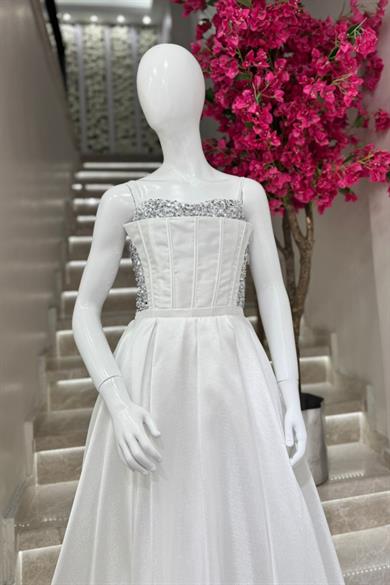 Mojo Kız Çocuk 10-15 Yaş Tafta Pul İşlemeli Uzun Abiye Elbise Ekru