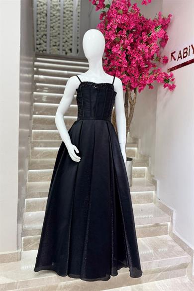 Mojo Kız Çocuk 10-15 Yaş Tafta Pul İşlemeli Uzun Abiye Elbise Siyah