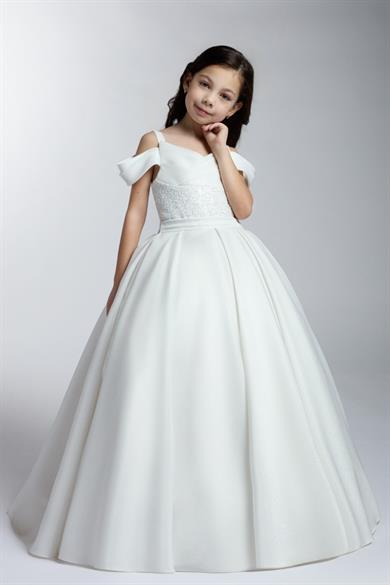 Mojo Kız Çocuk 2-11 Yaş Askılı Düşük Omuz Tarlatanlı Abiye 2256 Krem