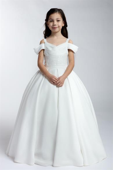 Mojo Kız Çocuk 2-11 Yaş Askılı Düşük Omuz Tarlatanlı Abiye 2256 Krem